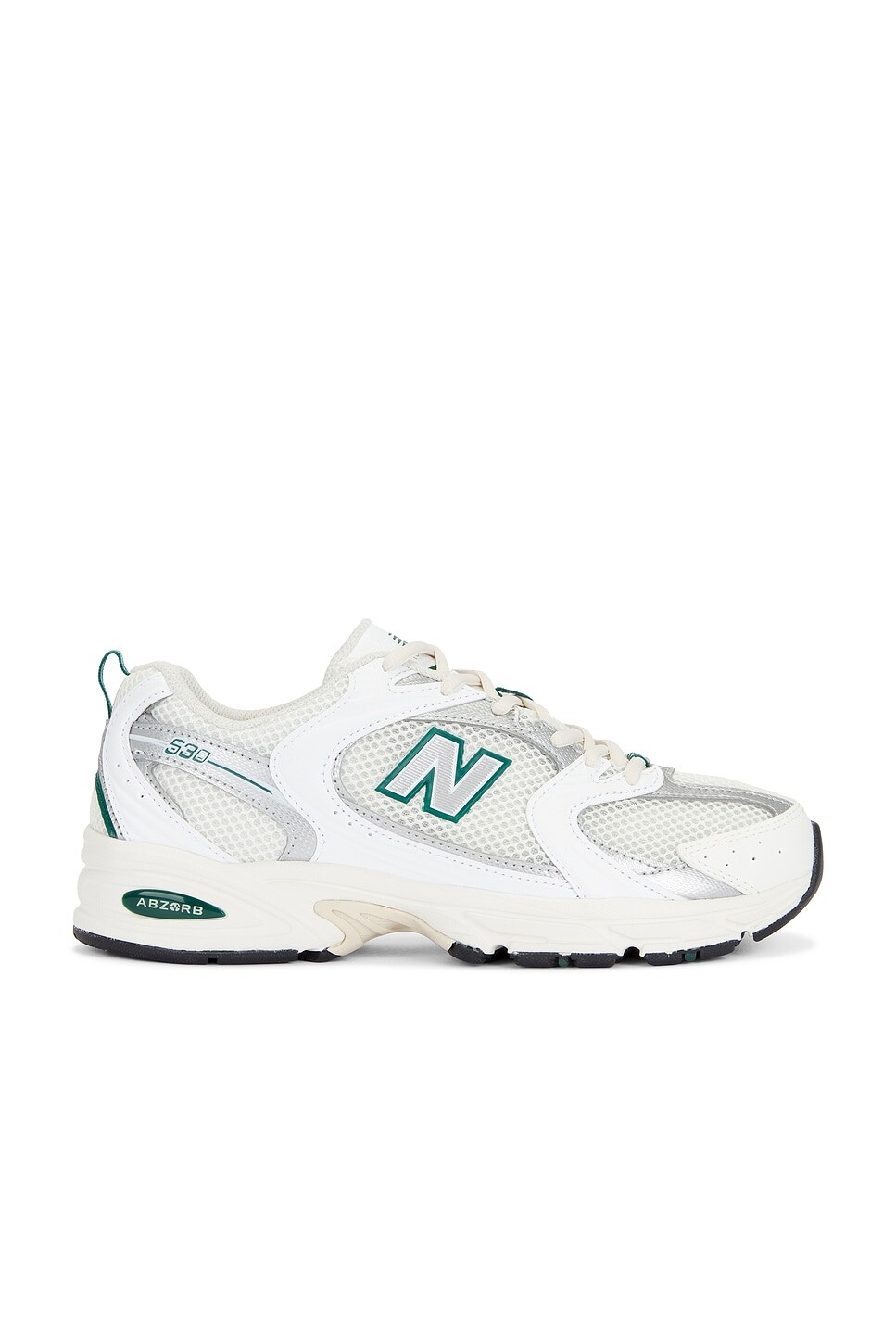 

Кроссовки женские 530 New Balance, цвет Sea Salt, White, Marsh Green, & Silver Metallic