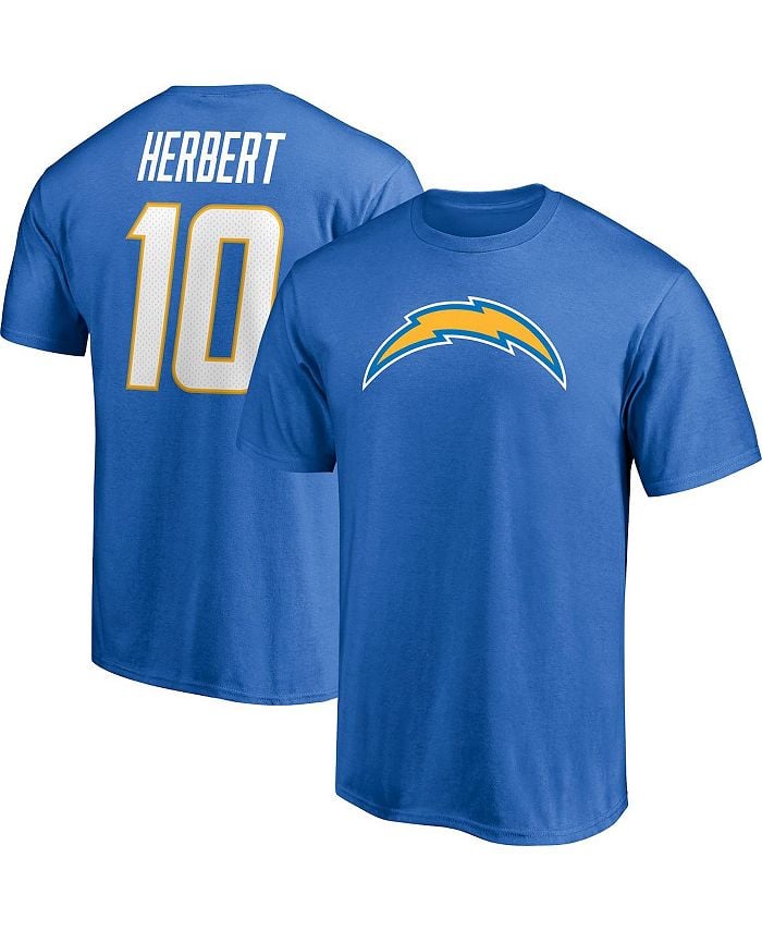 

Мужская футболка с логотипом Justin Herbert Powder Blue Los Angeles Chargers со значком игрока, именем и номером Fanatics, синий