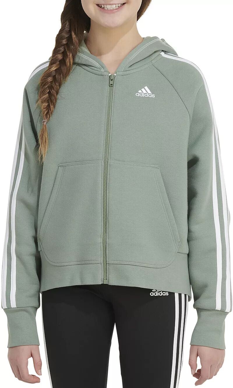 

Флисовая куртка Adidas с капюшоном и молнией спереди Essential с 3 полосками для девочек, серебристо-зеленый