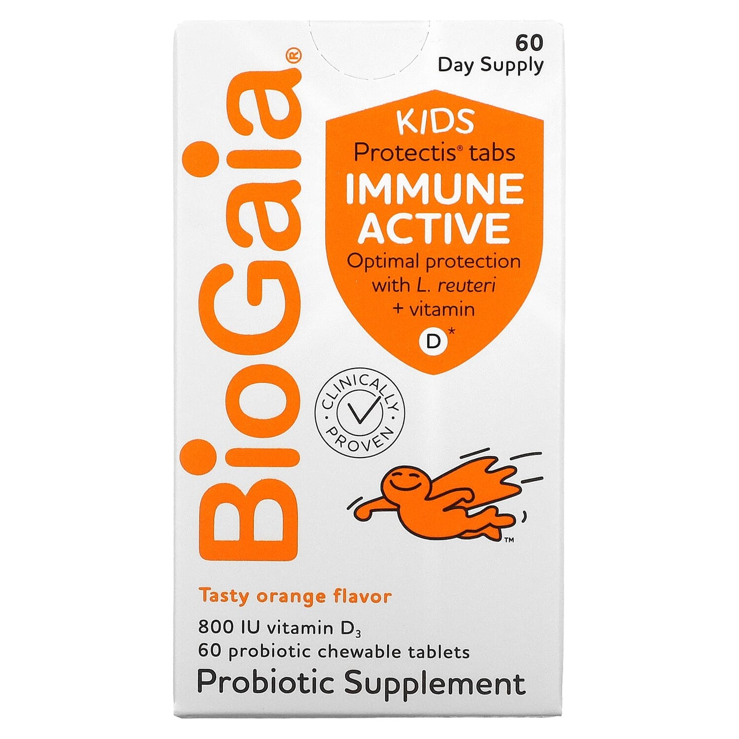

Kids, Immune Active with L. Reuteri + витамин D, апельсин, 60 жевательных таблеток с пробиотиками, BioGaia