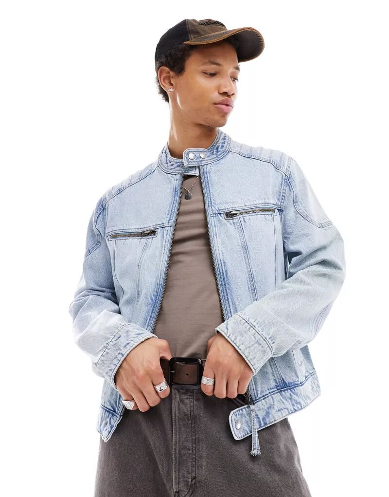 Голубая джинсовая куртка без воротника со вставками ASOS