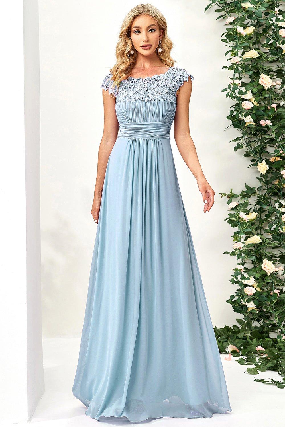 Пышное вечернее платье из шифона и кружева трапеции для свадьбы с короткими рукавами Ever Pretty, синий