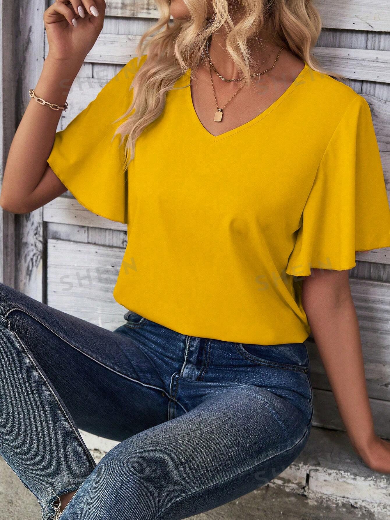 SHEIN LUNE Однотонная рубашка с V-образным вырезом и рукавами-бабочками, желтый женский цветочный пуловер с длинным рукавом и v образным вырезом повседневная шифоновая рубашка