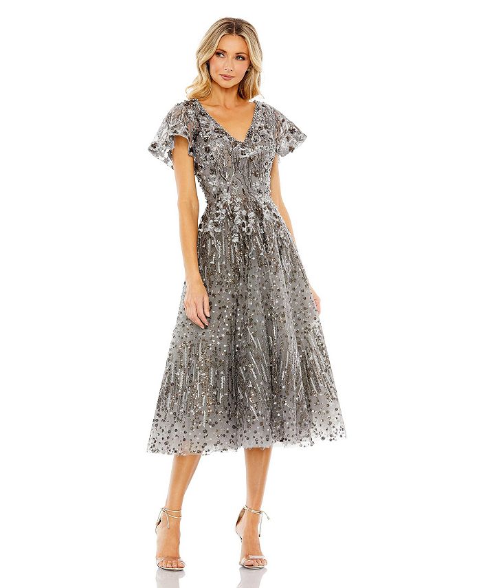 Женское расклешенное платье с украшением и бабочкой Mac Duggal, серебро