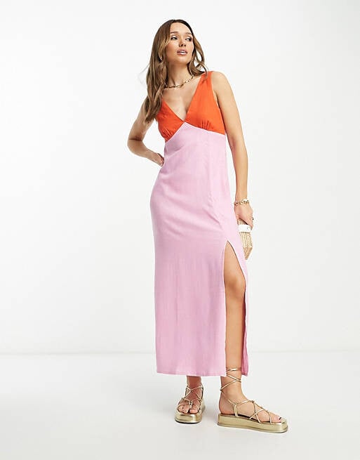 

Льняной сарафан макси с v-образным вырезом ASOS DESIGN розово-красного цвета с колор-блоками, Красный