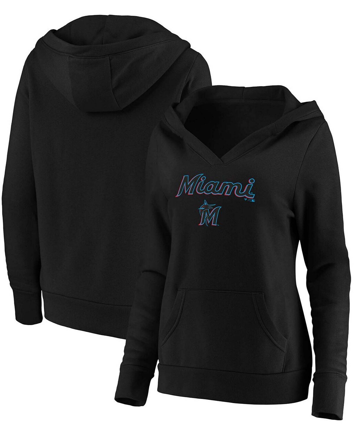 

Черный пуловер с капюшоном и V-образным вырезом размера плюс Miami Marlins Core Team Fanatics, черный