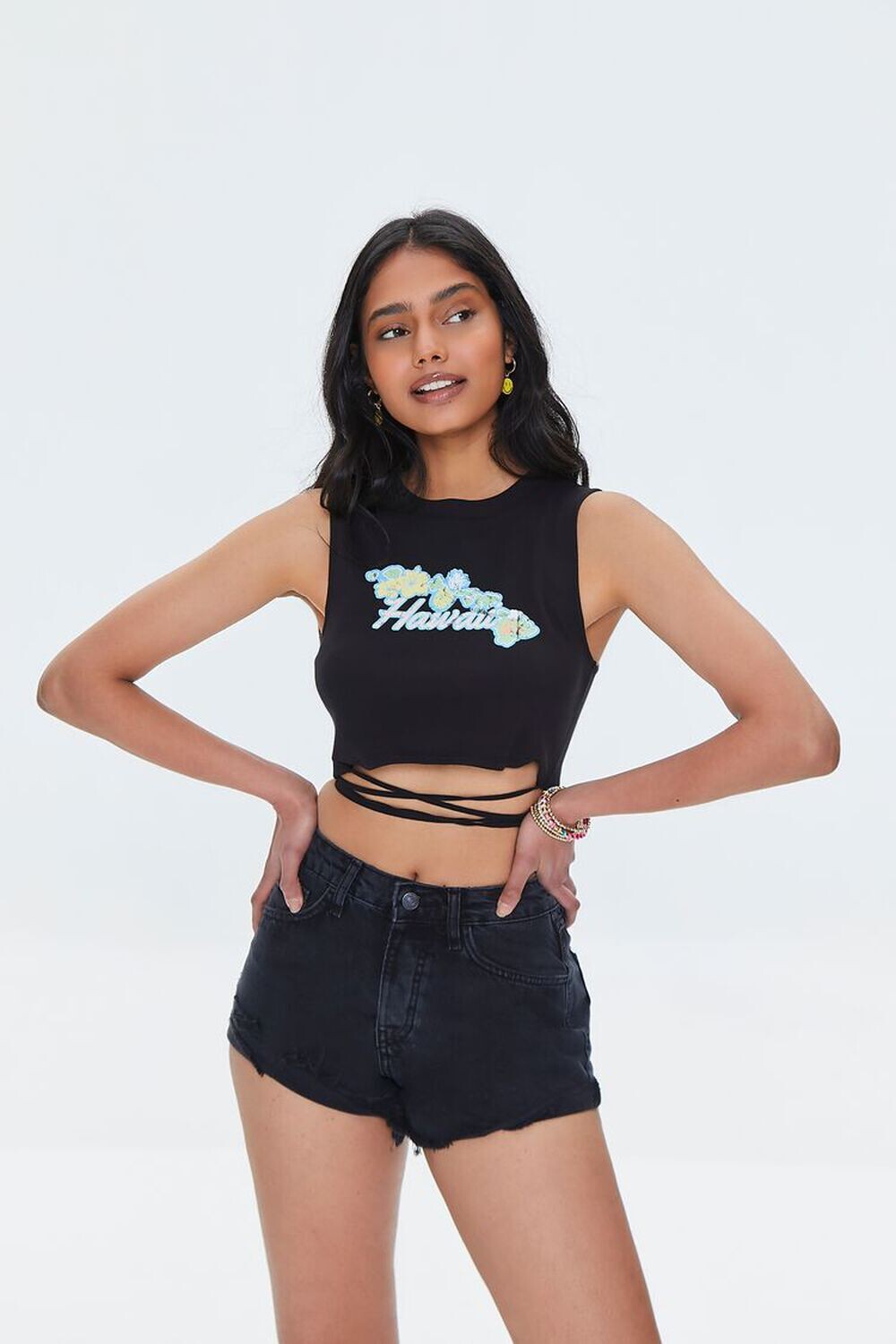 

Укороченный топ с запахом и графическим рисунком Hawaii Forever 21, черный