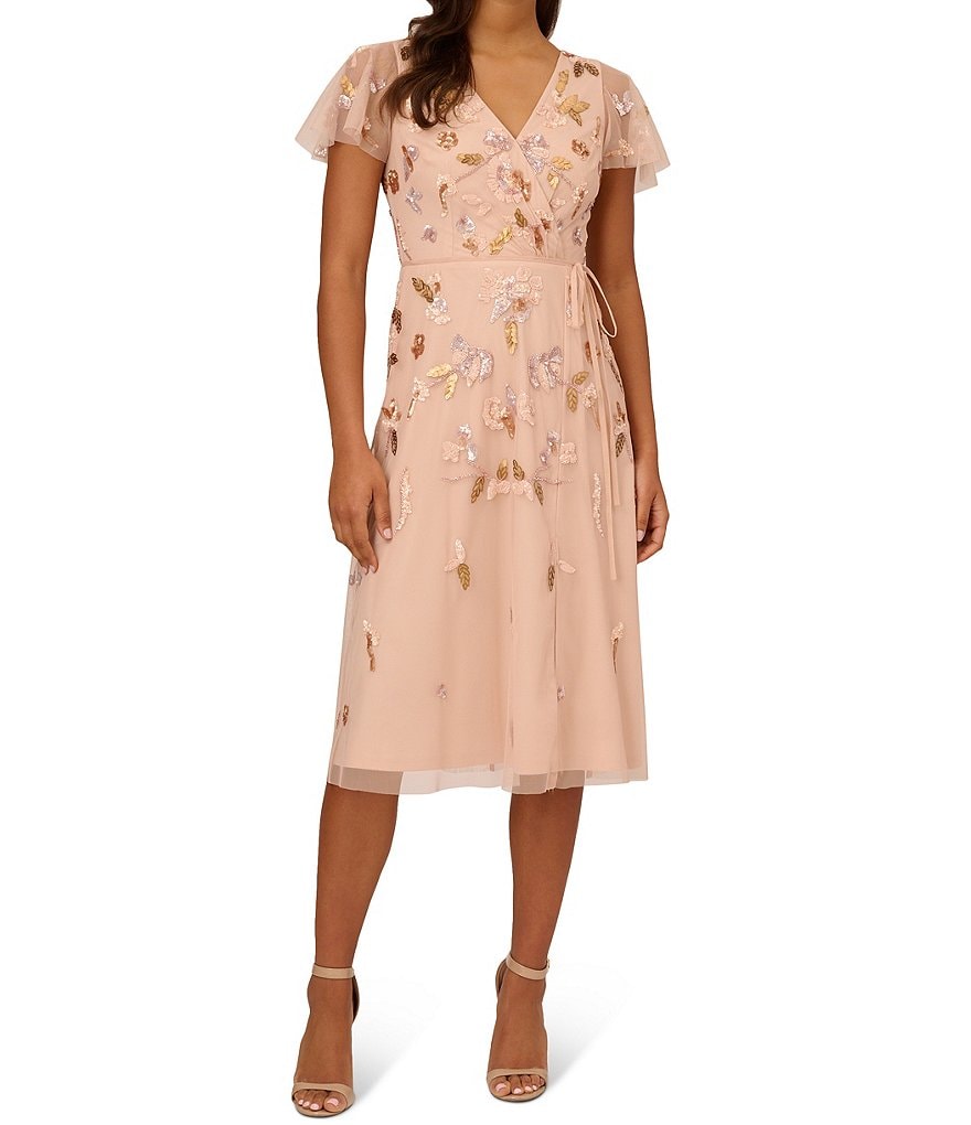 Платье трапециевидной формы с v-образным вырезом и завязкой на талии Adrianna Papell миниатюрного размера, из эластичной сетки с короткими развевающимися рукавами и завязками на талии, розовый