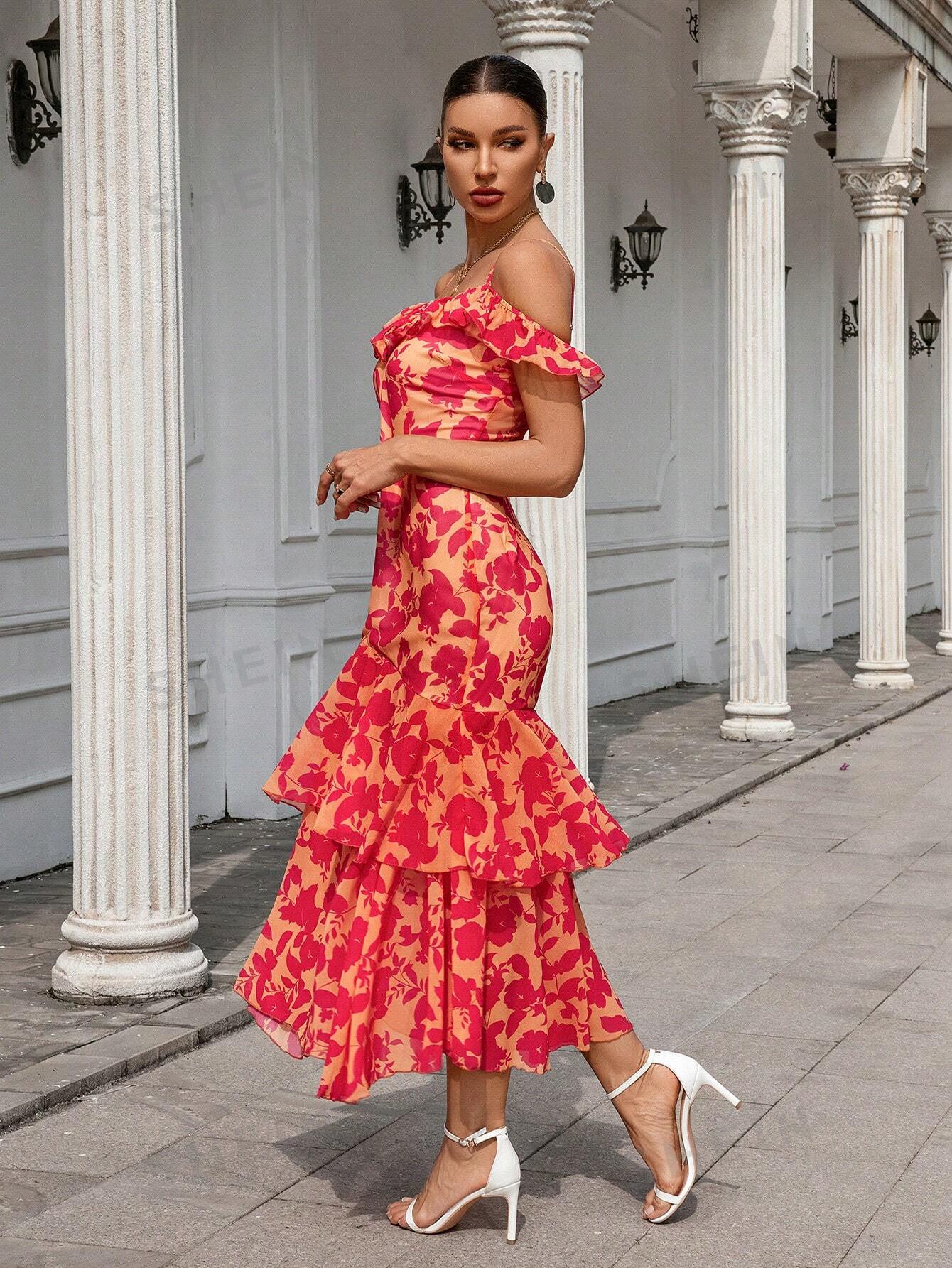 SHEIN VCAY Платье макси с цветочным принтом, многоцветный новинка 2023 модное женское облегающее платье с цветочным принтом открытыми плечами и оборками