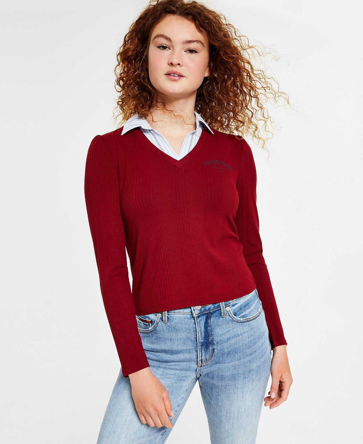 

Женский топ смешанной техники с воротником и длинными рукавами Tommy Jeans