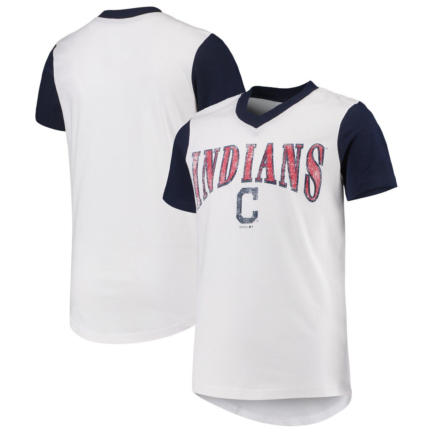 

Молодежная белая/темно-синяя футболка Cleveland Indians Heavy Hitter с V-образным вырезом Outerstuff, Синий