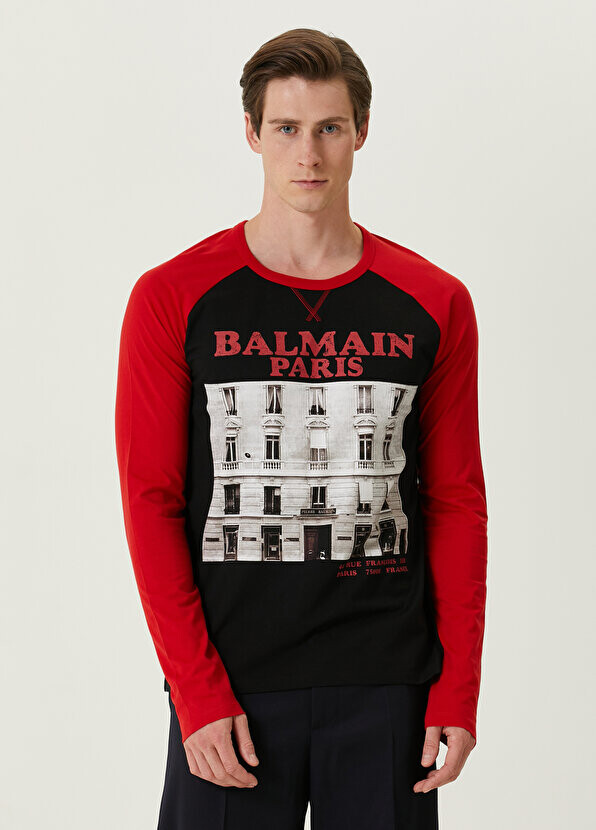 

Красно-черная футболка из органического хлопка с принтом Balmain, Черный