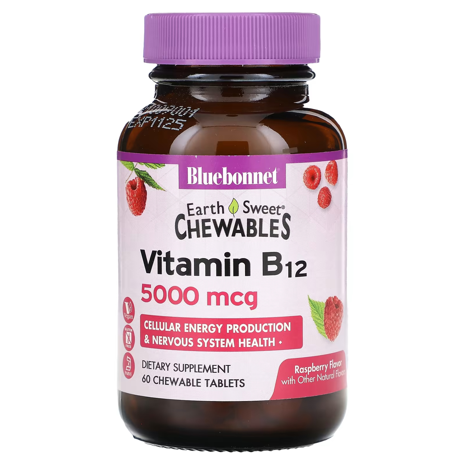 Витамин B12 Bluebonnet Nutrition Earth Sweet Chewables, малина, 5000 мкг., 60 жевательных таблеток