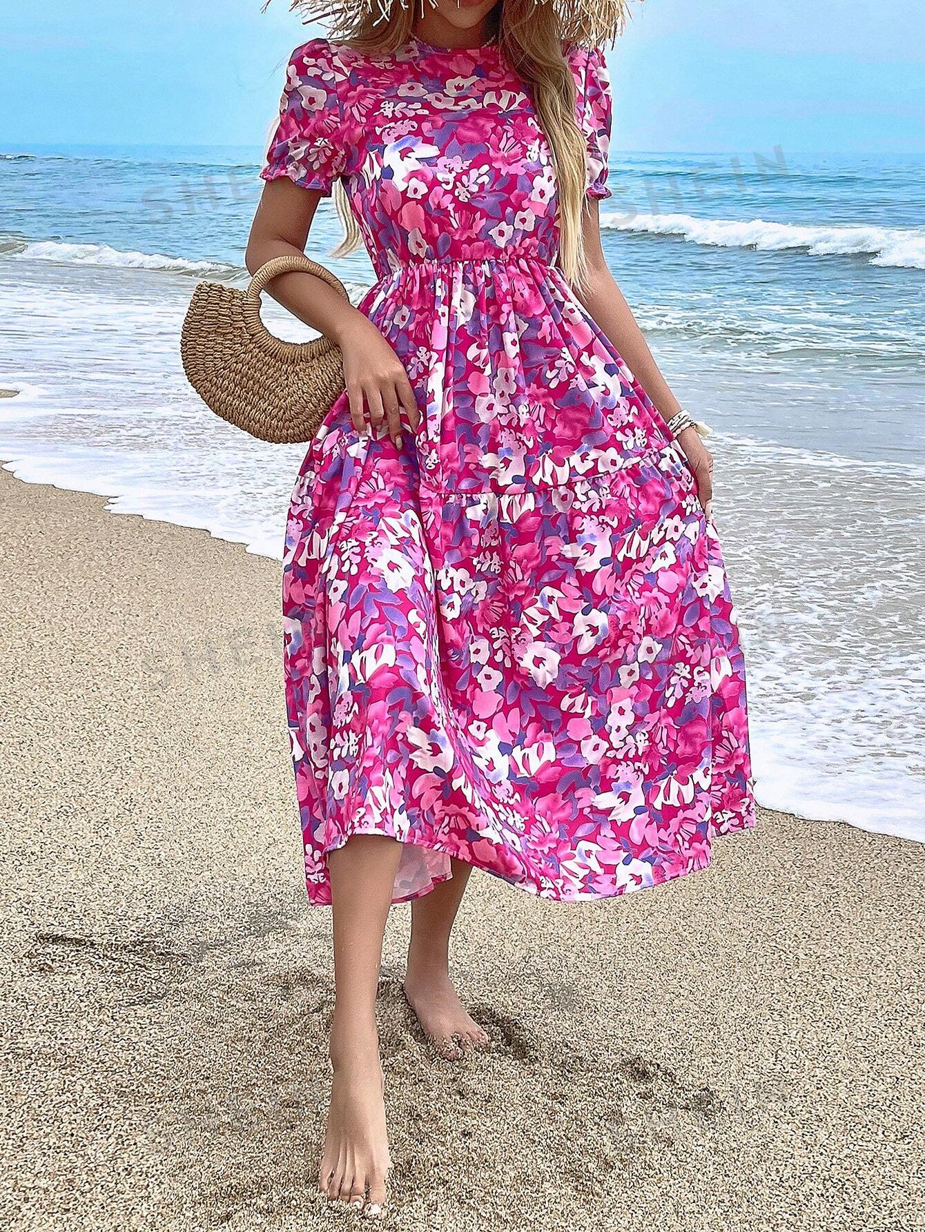 SHEIN VCAY Женское платье с круглым вырезом и короткими рукавами-пузырьками с цветочным принтом, фиолетовый блузка с круглым вырезом цветочным принтом короткими рукавами 40 fr 46 rus оранжевый
