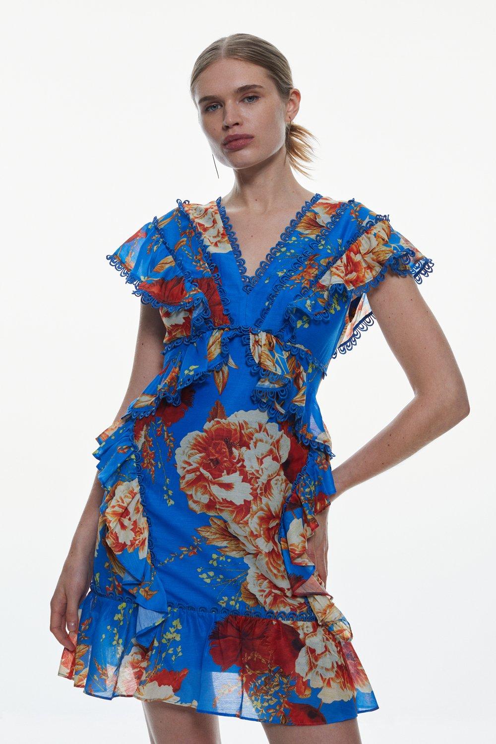 цена Тканое мини-платье с графической кружевной отделкой и цветочным принтом Karen Millen, мультиколор