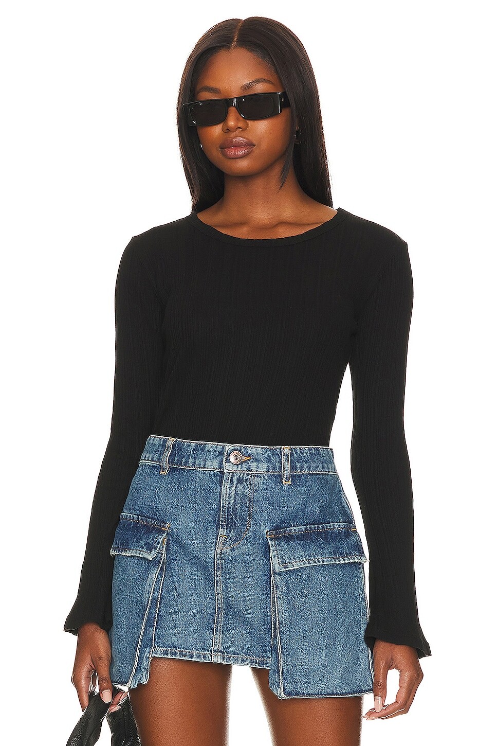 

Топ Bobi Ribbed Bell Sleeve, черный