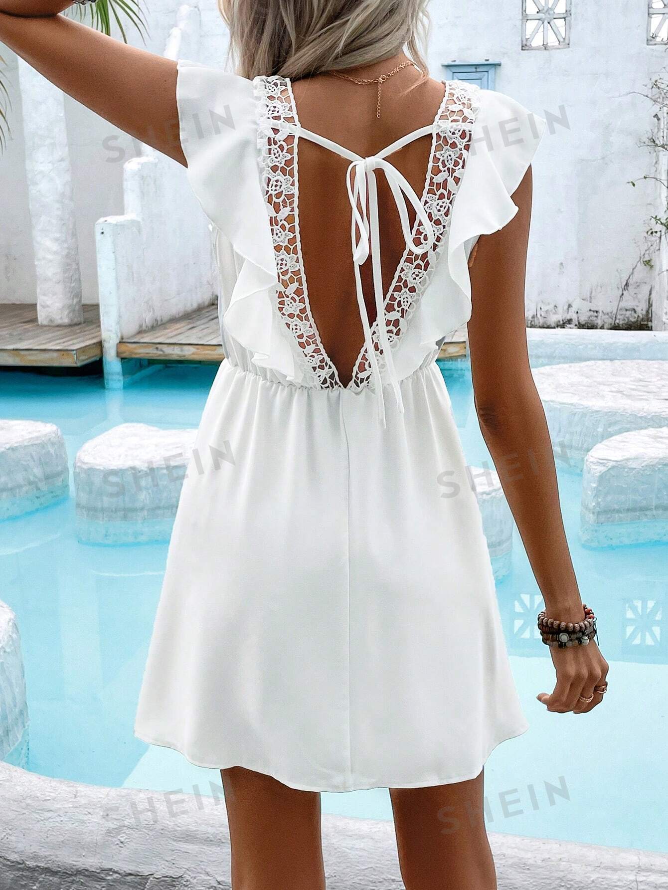 SHEIN Frenchy женское кружевное платье с рюшами и открытой спиной, белый женское свадебное платье без рукавов laboum элегантное кружевное трапециевидное платье в стиле бохо с открытой спиной и аппликацией лето