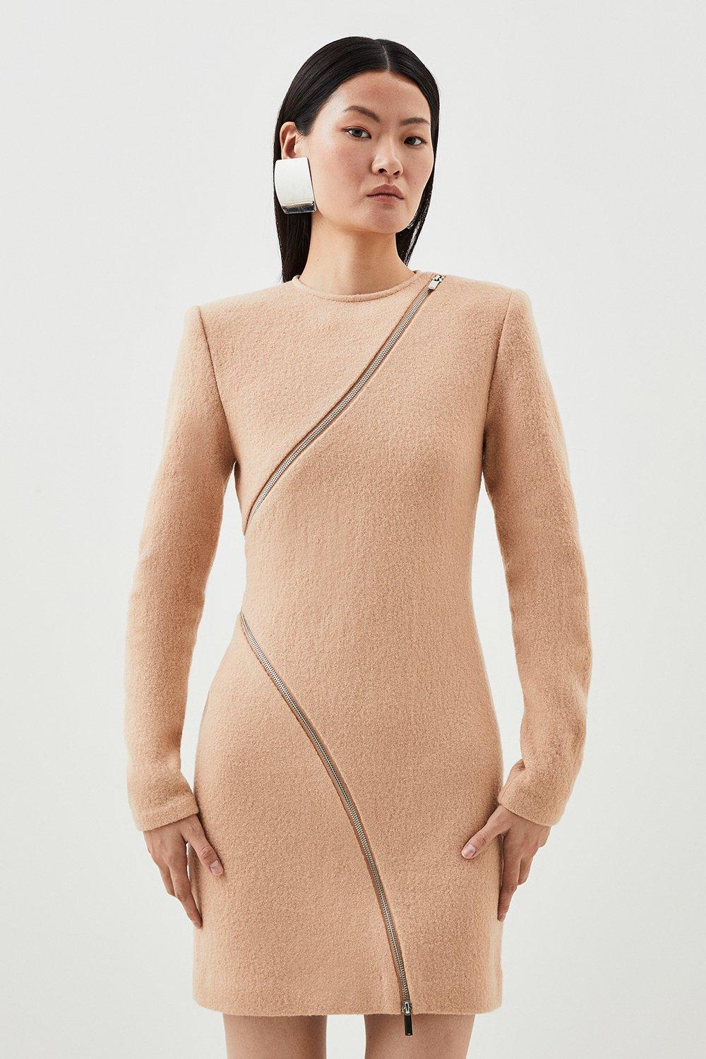 Трикотажное мини-платье премиум-класса с молнией и 100% мытой шерстью , бежевый Karen Millen