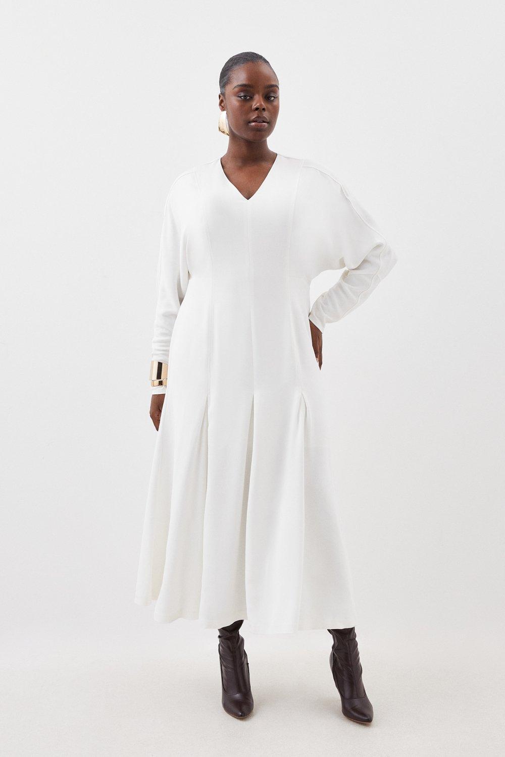 Плюс размер Премиум-платье из вискозного крепа с V-образным вырезом и длинными рукавами из тканого миди-платья Karen Millen, белый