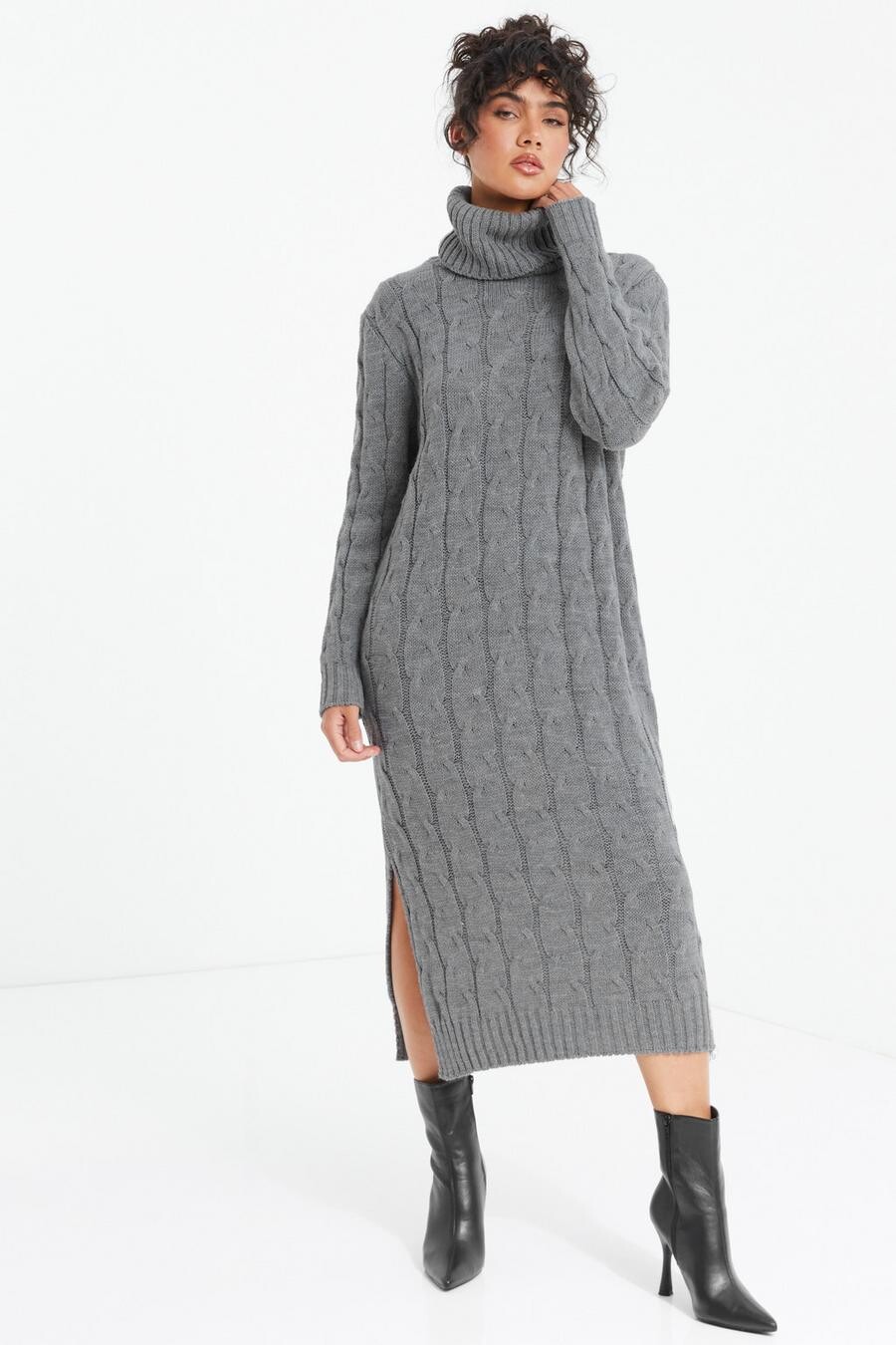 

Серое платье-джемпер миди с косичным узором QUIZ Clothing