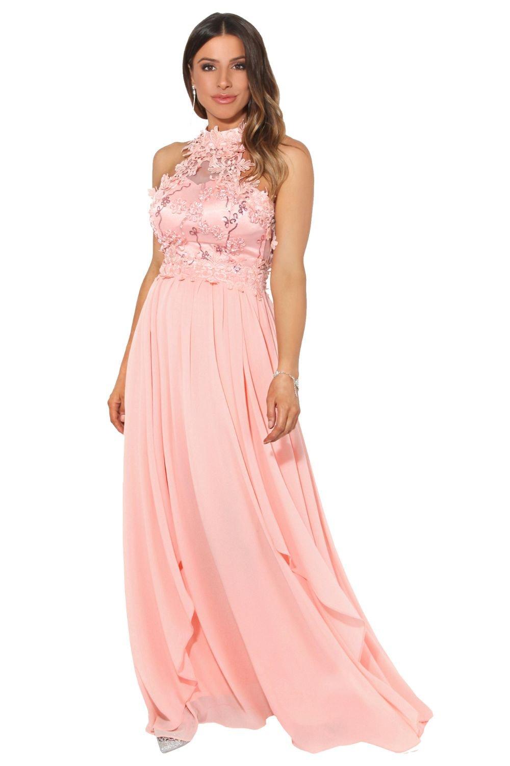 цена Кружевное платье для выпускного макси с воротником халтер KRISP, розовый
