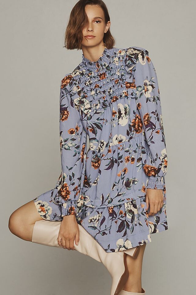 

Мини-платье Anthropologie со сборками и длинными, синий