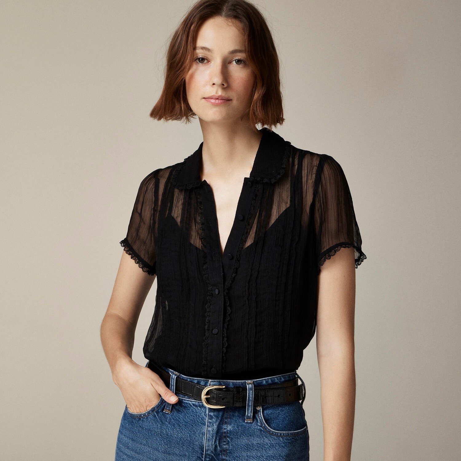

Прозрачная рубашка с кружевной отделкой и застежкой на пуговицы J.Crew, черный