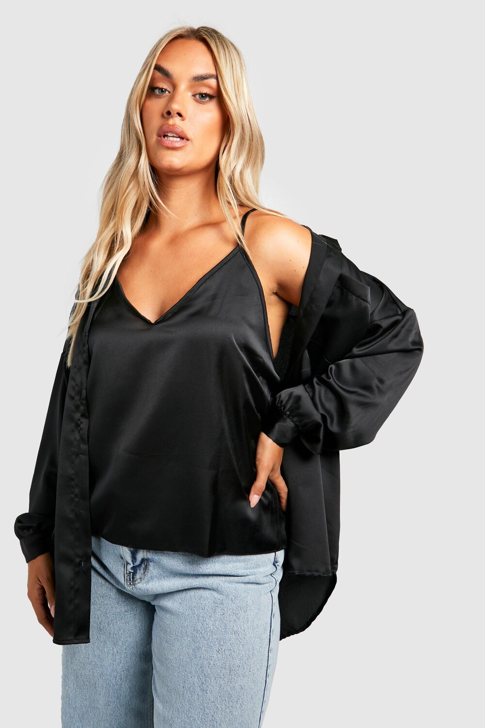 

атласный комплект тайка и рубашка Boohoo, черный