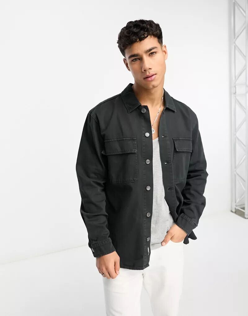 

Черная рабочая рубашка из твила Pull&Bear