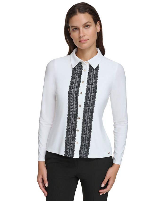 Женская блузка с длинными рукавами и кружевной отделкой Tommy Hilfiger, мультиколор блуза с отделкой букле