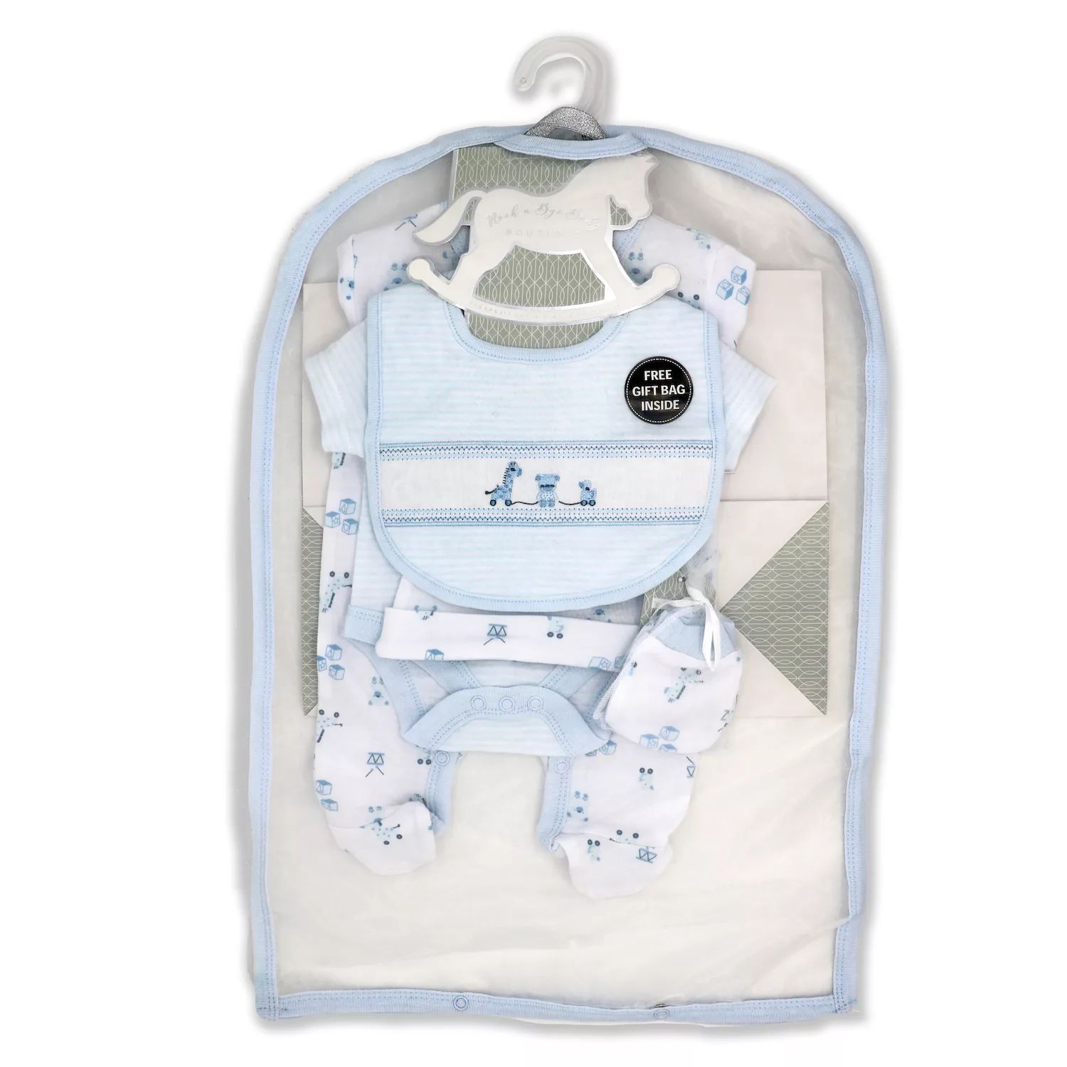 bye bye paris mother baby care bag hi̇gh quality warranty period month 12 Подарочный набор Layette Blue Toys для маленьких мальчиков из 5 предметов в сетчатой ​​сумке Rock A Bye Baby Boutique