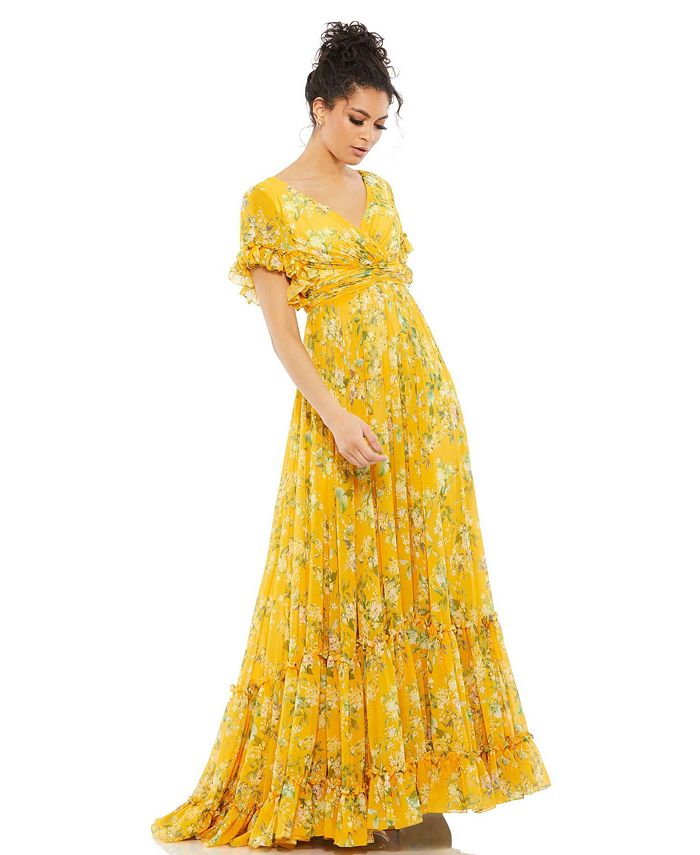 Женское платье макси Ieena с воланами и цветочным принтом Mac Duggal, желтый женское платье для танца живота однотонное льняное платье макси с многоярусной юбкой 7 цыганских племенных танцев 1 шт комплект
