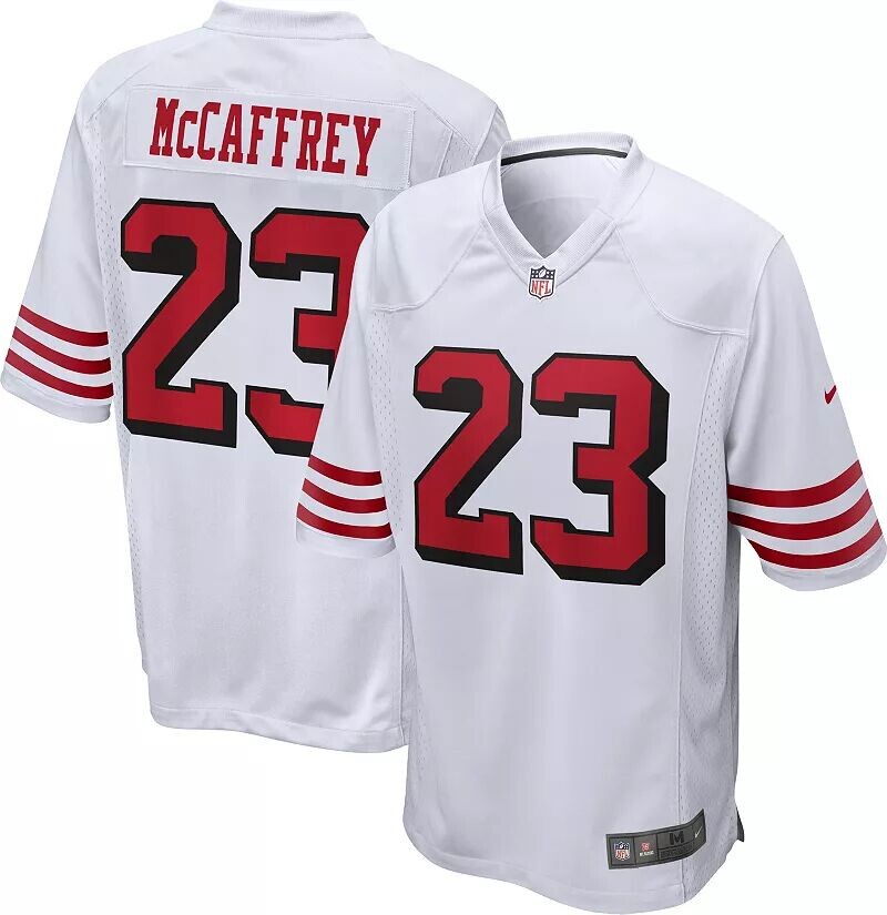 

Мужская футболка Nike San Francisco 49ers Christian McCaffrey # 23 альтернативного белого игрового цвета