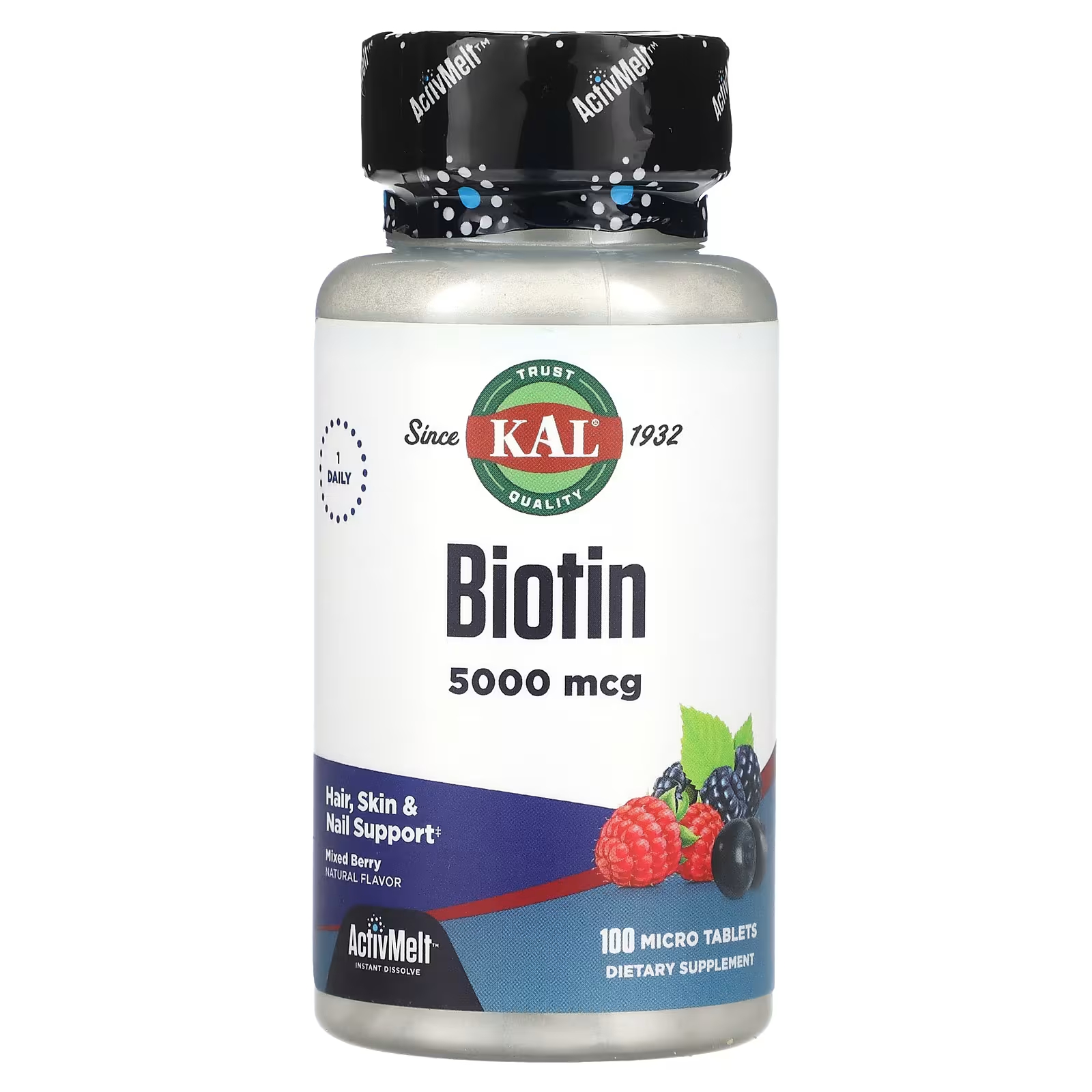 Биотиновая смесь ягод Kal 5000 мкг, 100 микротаблеток kal ультрабиотин activmelt ягодная смесь 10 000 мкг 60 микротаблеток