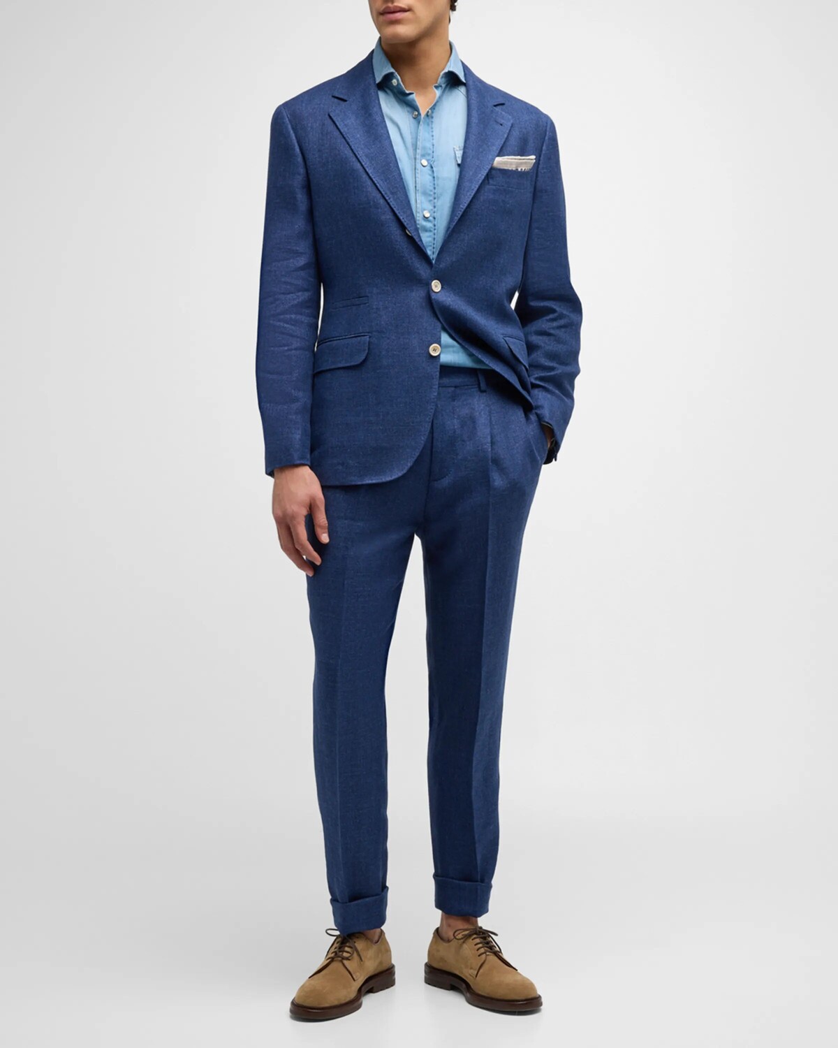 

Мужской костюм из льна, шерсти и шелка Brunello Cucinelli, цвет Indigo