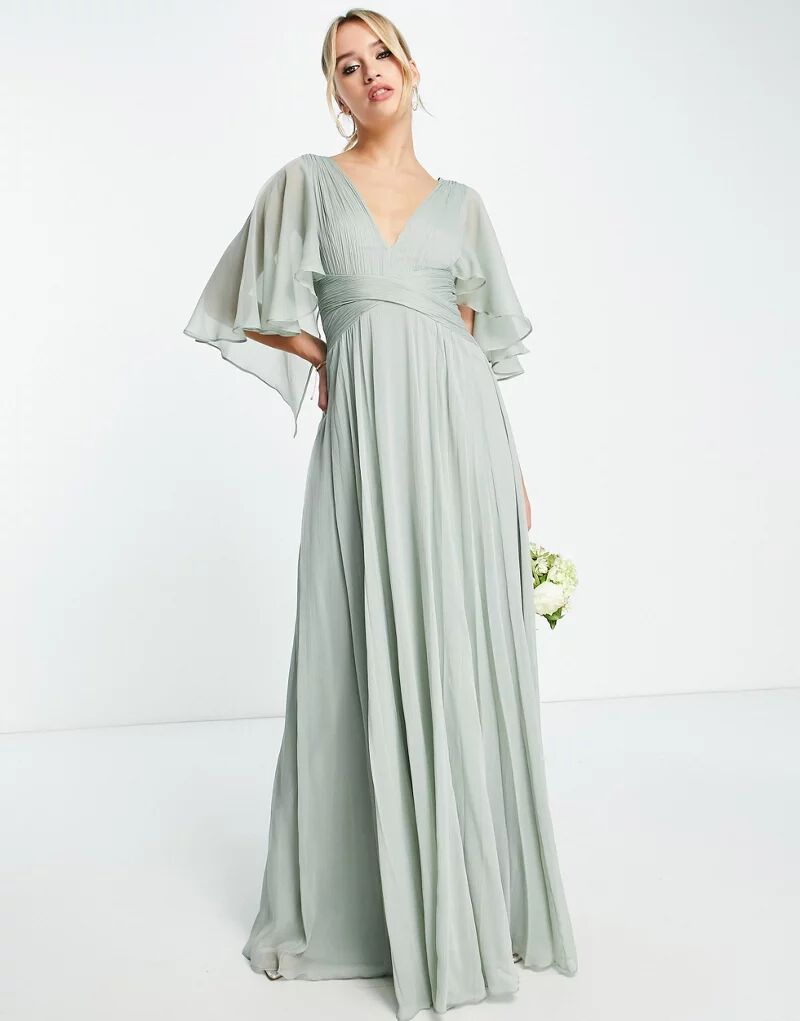 Оливковое платье макси с рукавами-накидкой, присборенным лифом и запахом на талии ASOS