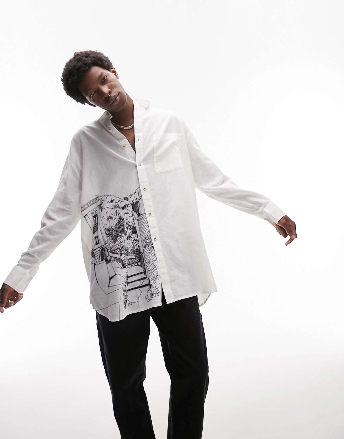

Белая рубашка оверсайз с длинными рукавами и вышивкой Topman