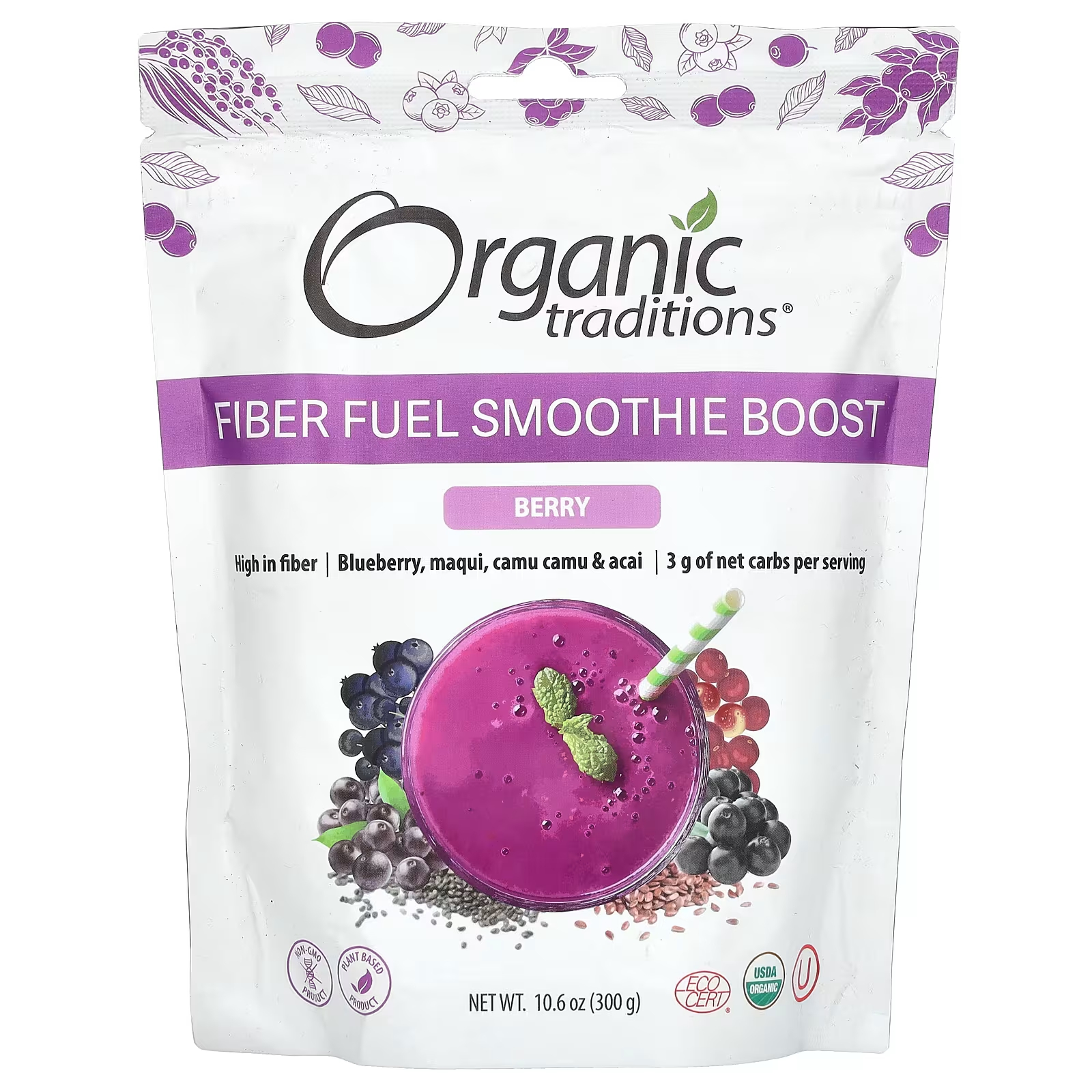 цена Пищевая добавка Organic Traditions Fiber Fuel Smoothie Boost Berry, 300 г