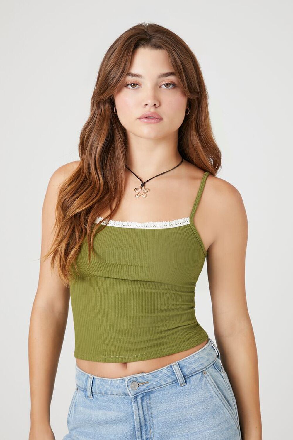 

Укороченная майка в рубчик с кружевной отделкой Forever 21, оливковый