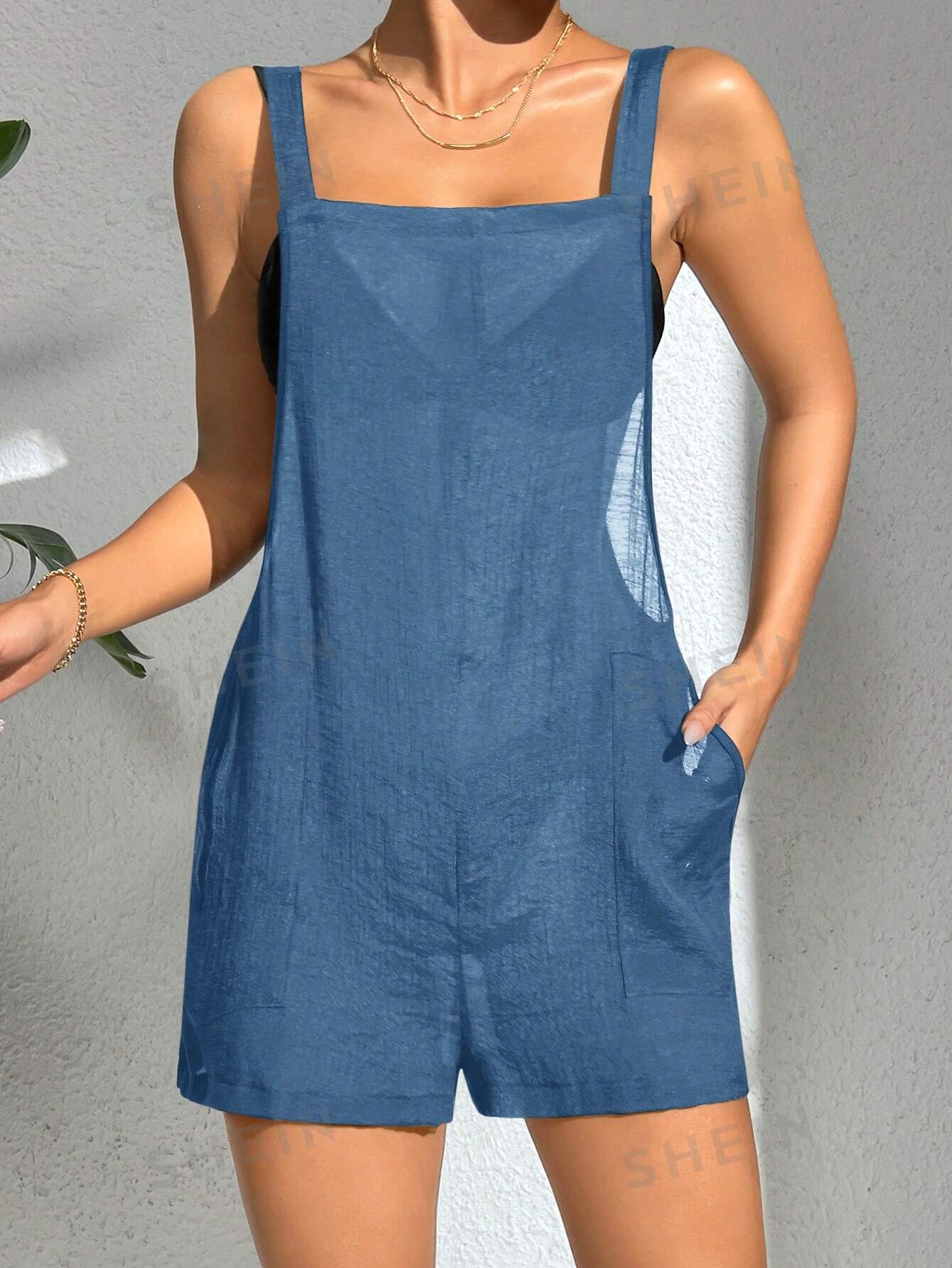 SHEIN Swim BohoFeel однотонный свободный комбинезон для женщин с карманом, синий