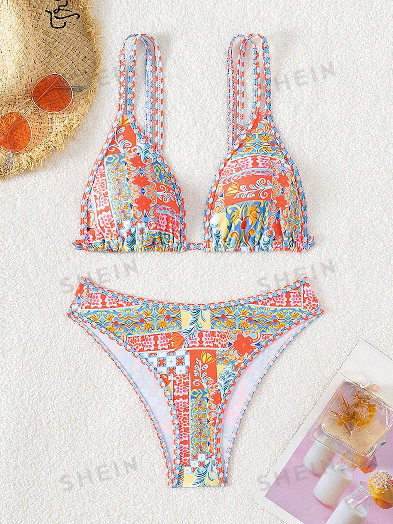 цена SHEIN Swim Basics Комплект купальника с разрезом и цветочным принтом, многоцветный