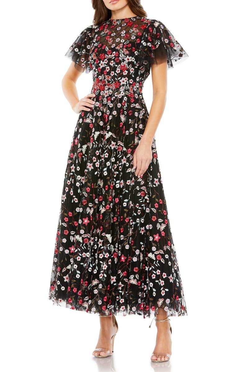 

Коктейльное платье из тюля с цветочной вышивкой MAC DUGGAL