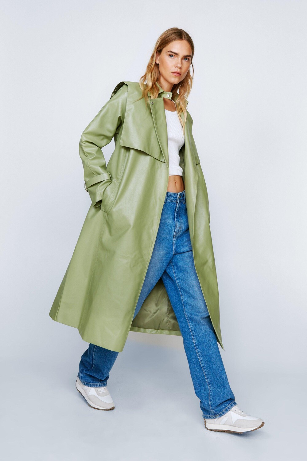 

Тренч из искусственной кожи с поясом Nasty Gal, зеленый