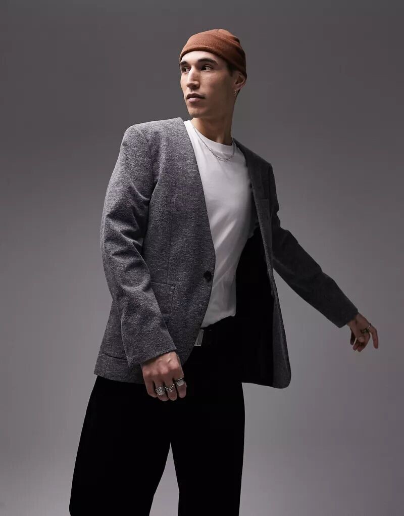

Серый трикотажный пиджак без воротника Topman