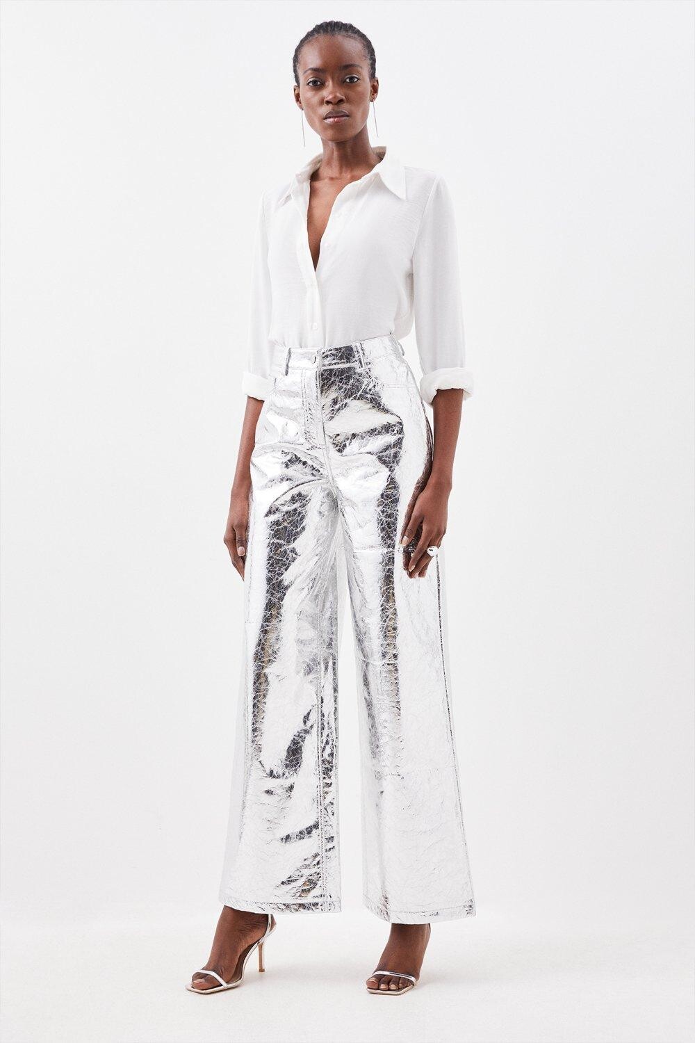 

Широкие брюки из искусственной кожи цвета металлик Karen Millen, серебро