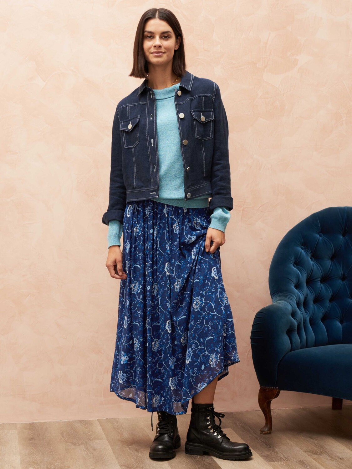 

Brora Шелковая плиссированная юбка с принтом Tree Of Life, Кобальт