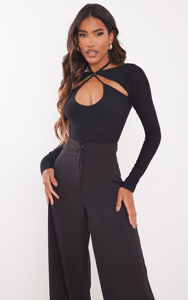 

PrettyLittleThing Черное боди из джерси с вырезами и бардо с кольцом