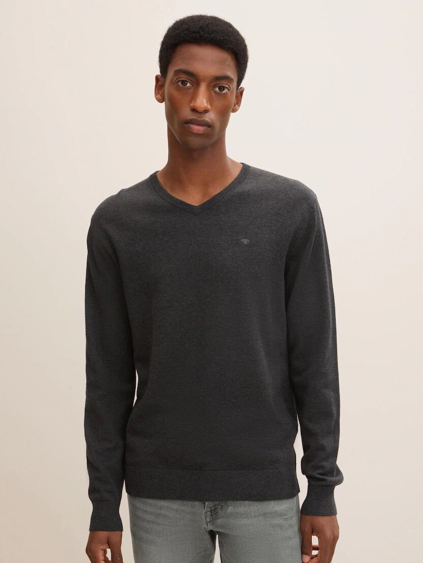 

Пуловер Tom Tailor Dünner Feinstrick Basic V Ausschnitt Sweater, темно серый