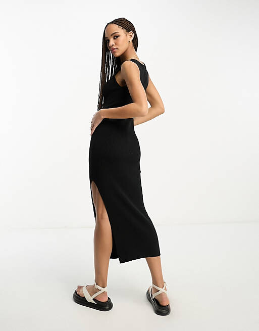 

Черное трикотажное платье миди с v-образным вырезом ASOS DESIGN, Черный