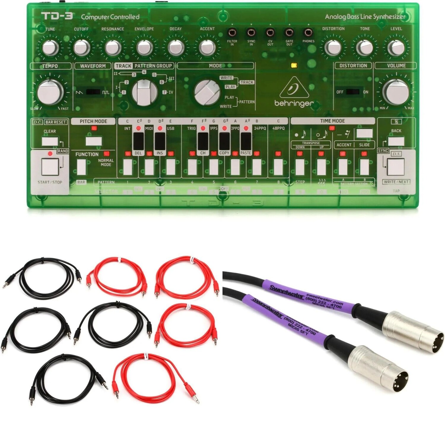 

Новый аналоговый синтезатор басовой линии Behringer TD-3-LM с кабелями — лаймовый